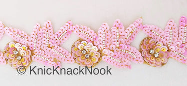Pink And Gold Sequins Trim With Diamante Beads, Floral Trims, Trimming